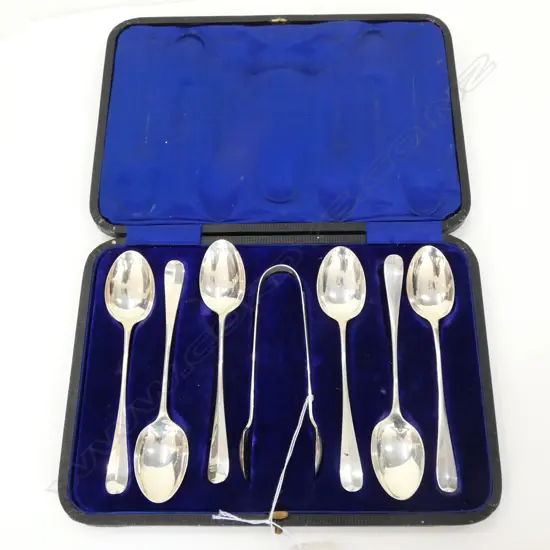 CASED SET SILVER RATTAIL COFFEE SPOONS & TONGS, by BARKER BROS., CHESTER 1908. 78gm