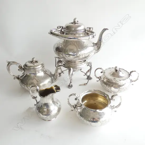 A 19THC 5PC TEA SERVICE INCLUDING A SPIRIT KETTLE H 400 MM