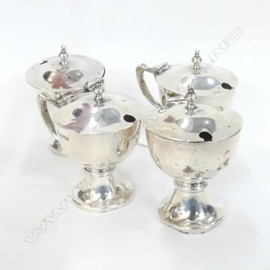 4 MUSTARD POTS (3 SILVER by JAMES DEAKIN & SONS, CHESTER 1907, 224gm & 1 BASE METAL)
