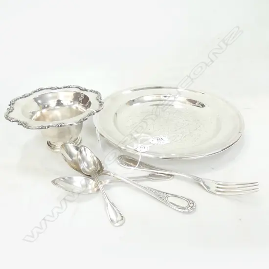 SILVER PLATE; TRAY (DIA 295MM) SMALL BOWL (DIA 155MM) 4 PCS MONOGRAMMED CUTLERY