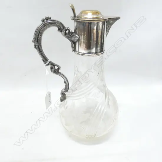 VICTORIAN CLARET JUG ETCHED LILIES STAR CUT BASE SILVER PLATE MOUNT H.260mm