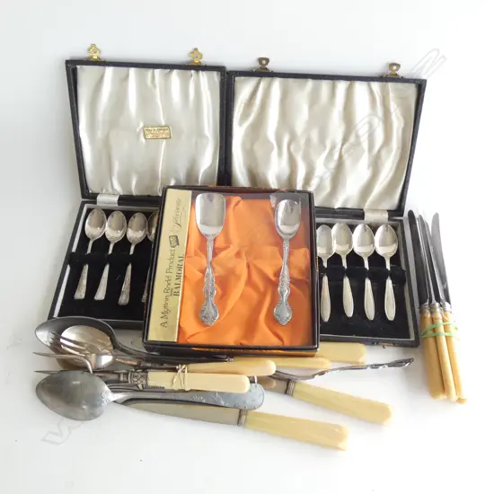 BOX ASSORTED CUTLERY - OLD EP & BONE + 3 BOXED SETS