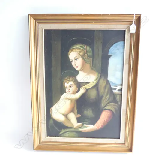 ARTIST UNKNOWN LATE 20thC SIGNED, OIL ON CANVAS BOARD, WOMAN AND CHILD, 360 x 410mm.