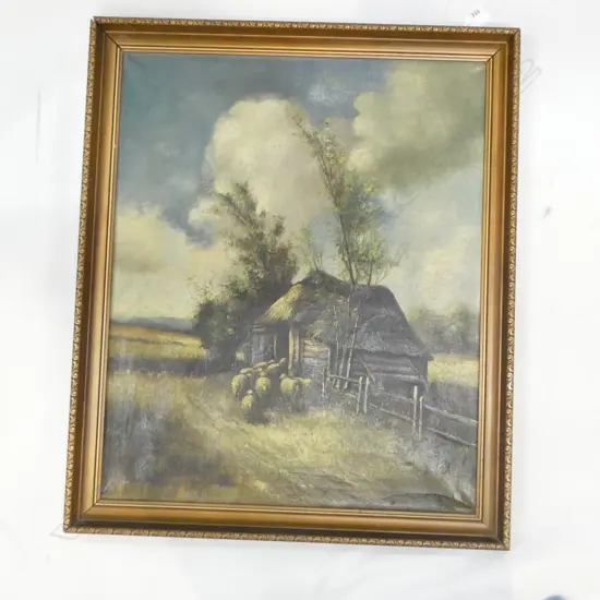 SIGNED 19thC OIL ON CANVAS - SHEEP AND BARN...