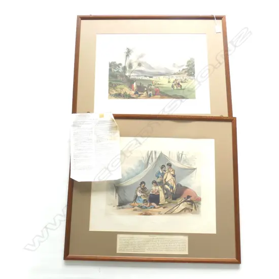 2 FRAMED 1852 CAPT. OLIVER NZ LITHOGRAPHS; A KORERO & HALF CASTES