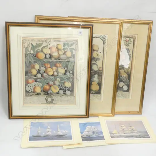 3 FRAMED PRINTS OF THE 17thC FURBER'S BOTANICAL CALENDAR. PLUS 4 UNFRAMED SHIP PRINTS