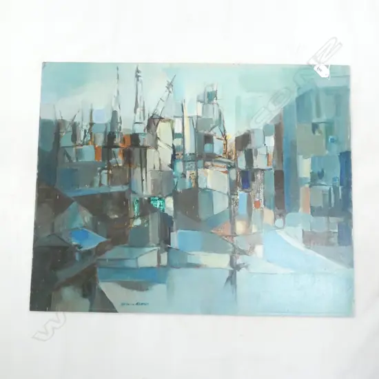 SYLVIA ROBINS ASTRACT HARBOUR SCENE OIL ON BOARD UNFRAMED 560x705mm