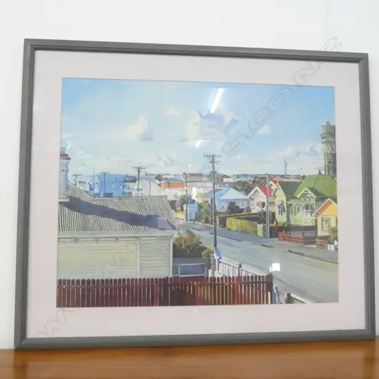 FRAMED MARIANNE MUGGERIDGE PRINT 'HAWERA FROM RONALD HUGH MORRISON'S WINDOW 1994' 480 X 600mm (IMAGE)