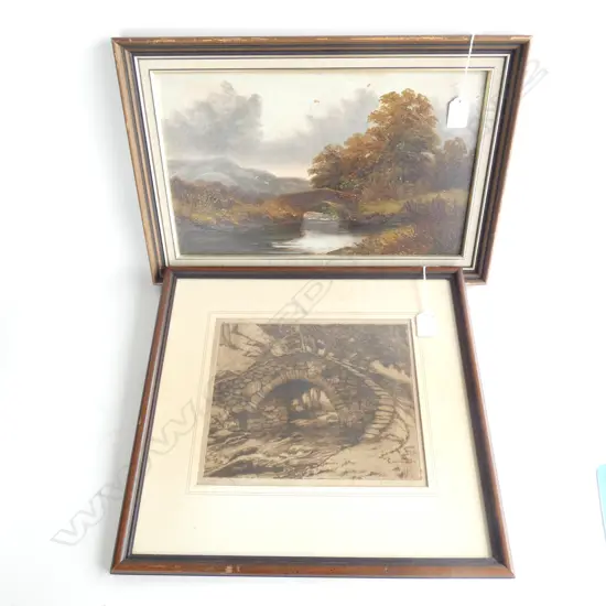 PR OLD PAINTINGS; OIL ON BOARD BRIDGE (395 X 245) & SIGNED OLD BRIDGE ENGRAVING 