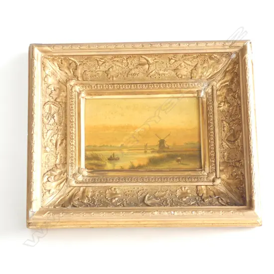 GILT FRAMED OLD DUTCH WINDMILL SCENE OIL PAINTING 160 X 100MM