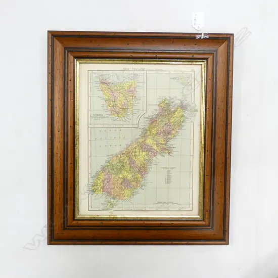 NZ SOUTH ISLAND MAP FROM AN OLD ATLAS, FRAMED. 410 X 365mm OVERALL