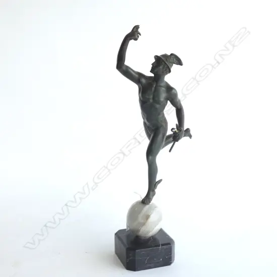 (19597) BRONZE MALE FIGURE ON MARBLE BALL & PLINTH. HAS WINGS ON HIS HELMET & FEET H. 405MM