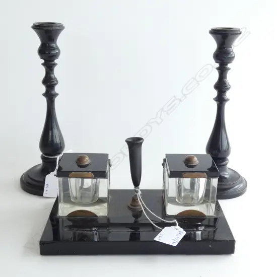 VINTAGE DESK SET + PR EBONY CANDLESTICKS H.215mm