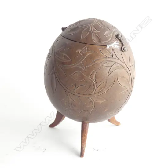 COCONUT LIDDED BOX, EX MIKE HIGGS COLLECTION, w LOW RELIEF CARVED LEAFY TENDRILS. H.130mm