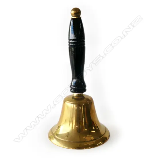BRASS HAND BELL, WOODEN HANDLE,  H. 200MM