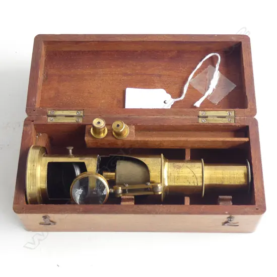 (19558) VINTAGE SM BRASS COMPOUND MICROSCOPE - IN ORIGINAL WOODEN BOX 