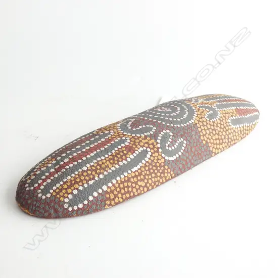 MINIATURE ABORIGINAL COOLAMON, EX CAIRNS 20thC, PAINTED PATTERN ON WOOD. L.290mm