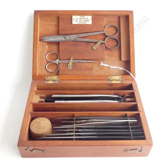 ENGLISH MEDICAL DISSECTING INSTRUMENTS IN A MAHOGANY BOX MARKED C BAKER, LONDON. 