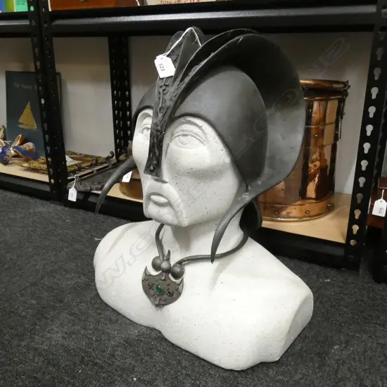 SANDSTONE(?) BUST WITH BRASS HELMET NECKLACE BY STEVE WHEELER
