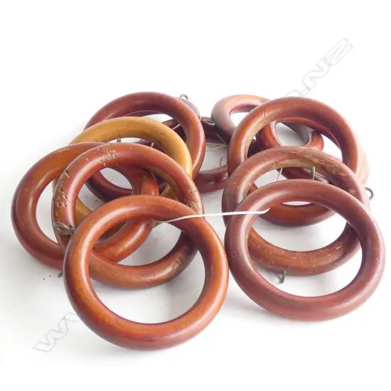 12 X LARGE EARLY 20THC MAHOGANY CURTAIN RINGS DIA 110MM