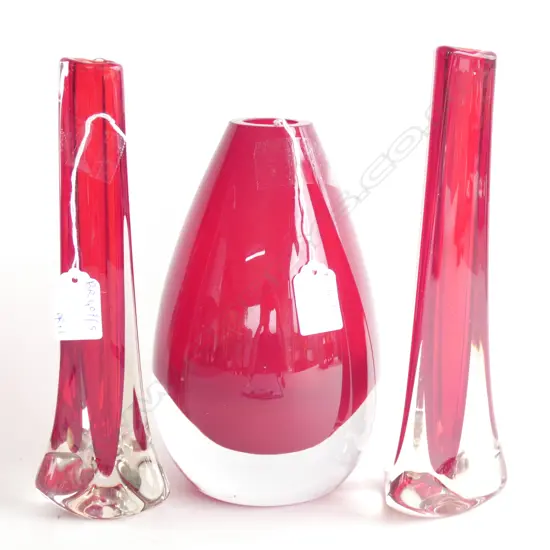PR. RED GLASS VASES H.235mm + ONE OTHER