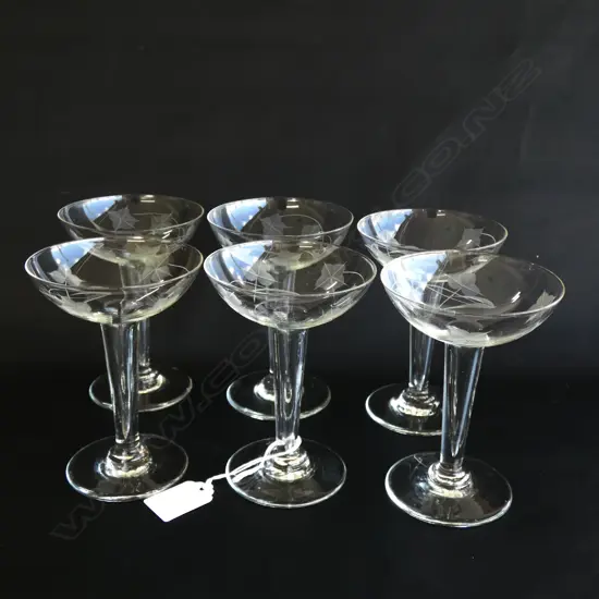 6 HOLLOW STEM ETCHED CHAMPAGNE GLASSES