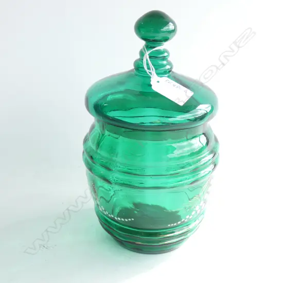 VICTORIAN GREEN GLASS & ENAMELLED LIDDED JAR
