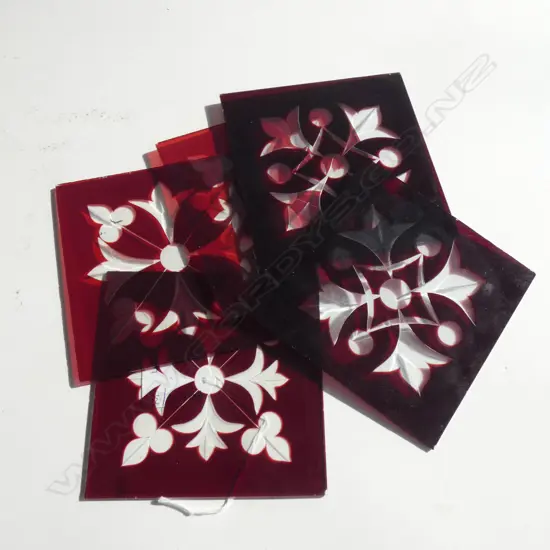 SET OF 5 RARE VILLA RED COLOURED ETCHED GLASS SQUARES 115mm sq