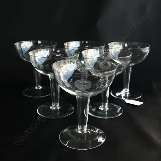 SET OF 6 ROSE ETCHED HOLLOW STEM CHAMPAGNE GLASSES