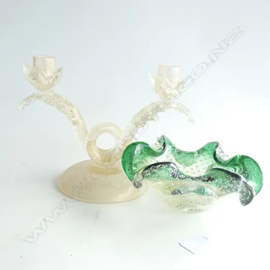 GREEN MURANO BOWL & DOUBLE CANDLEHOLDER W.250mm