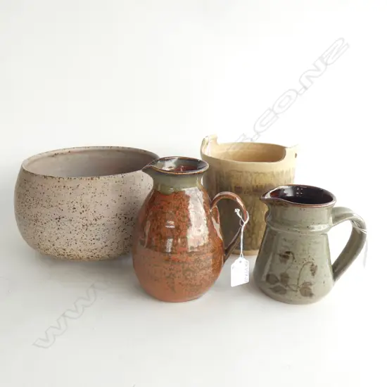 4  POTTERY PCS; LG BOWL (DIA 220MM), ICE BUCKET & 2 JUGS H. 165MM ALL HAVE POTTERS MARKS