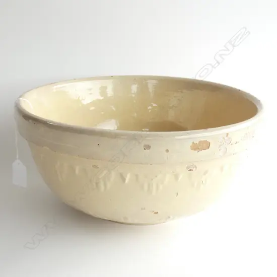 LARGE OLD RUSTIC POTTERY MIXING BOWL GLAZE LOSSES 310mm dia