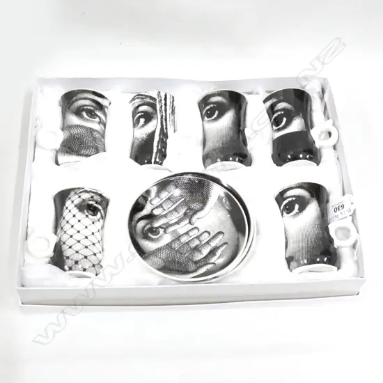 FAUX FORNASETTI STYLE COFFEE SET, CASED