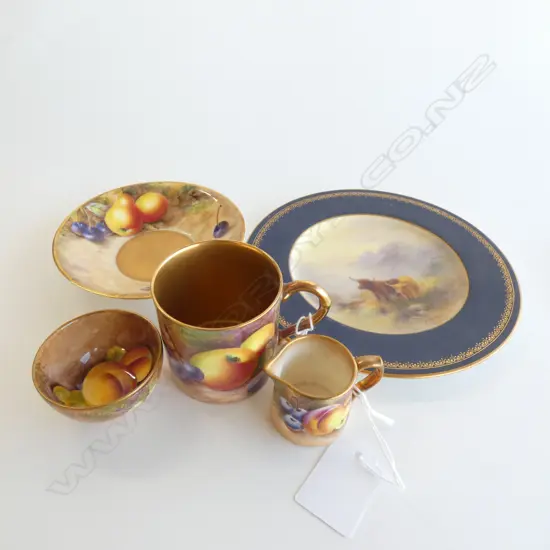 ROYAL WORCESTER GILDED AUTUMN FRUITS DEMI CUP/SAUCER + MINIATURE JUG & BOWL + HIGHLAND CATTLE PLATE....