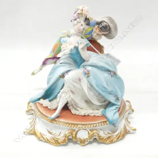 ITALIAN PORCELAIN FIGURE GROUP HARLEQUIN WITH WOMAN VERY SMALL FAULTS H 170 MM