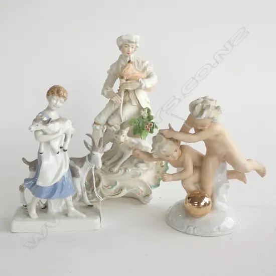 3 GERMAN FIGURINES; MAN H.235mm, CHERUBS & LADY w. GOATS