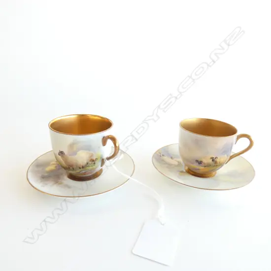 PR ROYAL WORCESTER GOLD GILDED BLACK FACE SHEEP DEMITASSE CUPS & SAUCERS