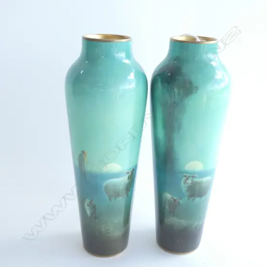 PR ROYAL DOULTON HAND COLOURED SHEEP DESIGN VASES - SIGNED JOSEPH HANCOCK H. 225MM