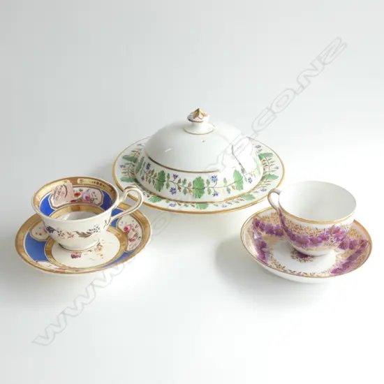 2 MID 19thC CUP & SAUCERS + LIDDED DISH 215mm dia