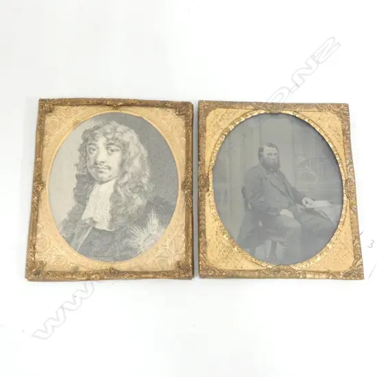 NEAR PAIR GOLD METAL FRAMES; 1 DAGURREOTYPE 1 LITHO 85x70mm