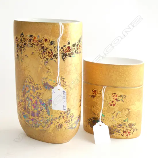 TWO ROSENTHAL BJORN WIINBLAD GOLD GILDED HAND PAINTED PCS;  VASE H 180MM) & LIDDED CONTAINER H. 115MM
