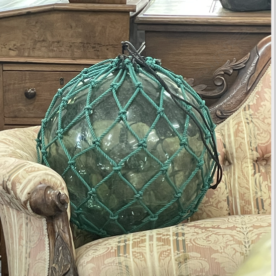OLD GLASS LARGE FISHING FLOAT WITH NETTING
