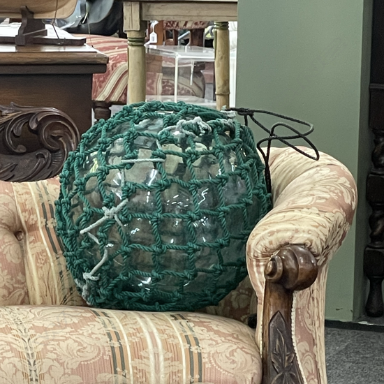 OLD GLASS LARGE FISHING FLOAT WITH NETTING