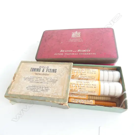 VINTAGE BOX GOLD TONING & FIXING SCALOIDS - INCL CONTENTS + OLD CIGARETTE TIN 