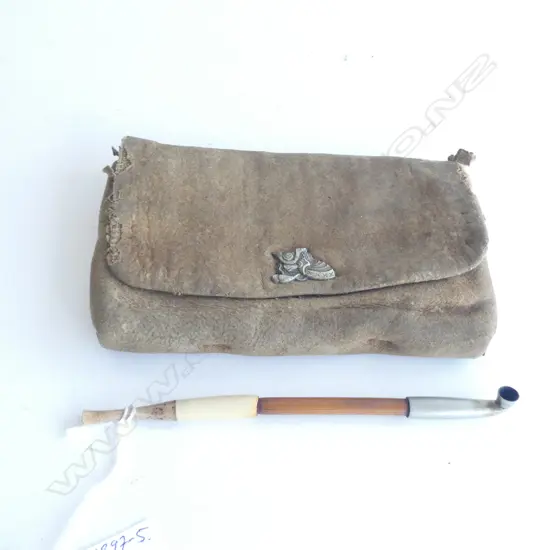 EDO PERIOD SAMURAI  TOBACCO POUCH. SILVERED CLASP OF A KABUTO. KISERU PIPE.