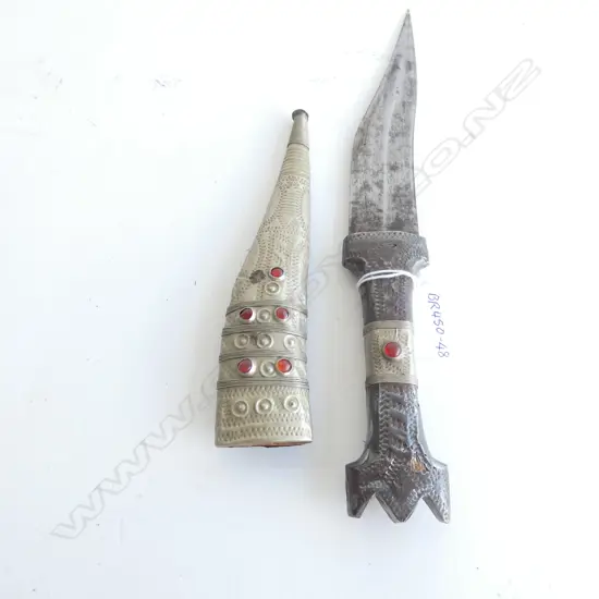 OLD DAGGER WITH PEWTER & BEADED SHEATH & HANDLE L 270MM
