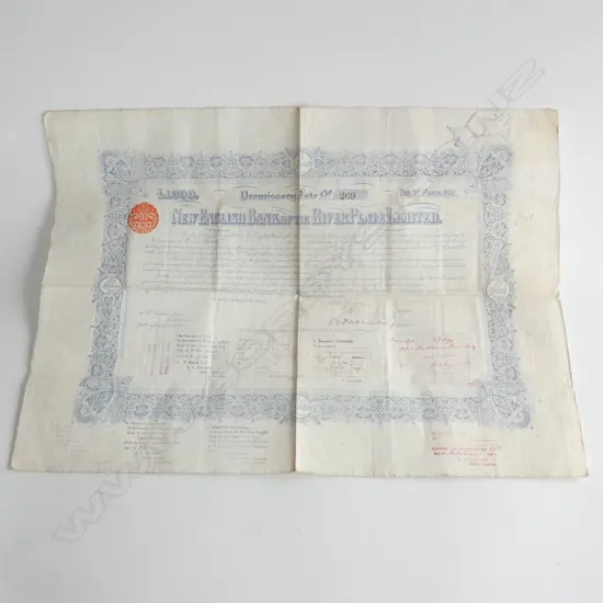 CANCELLED SHARE CERTIFICATE "ENGLISH BANK OF THE RIVER PLATE" DATED 1892 