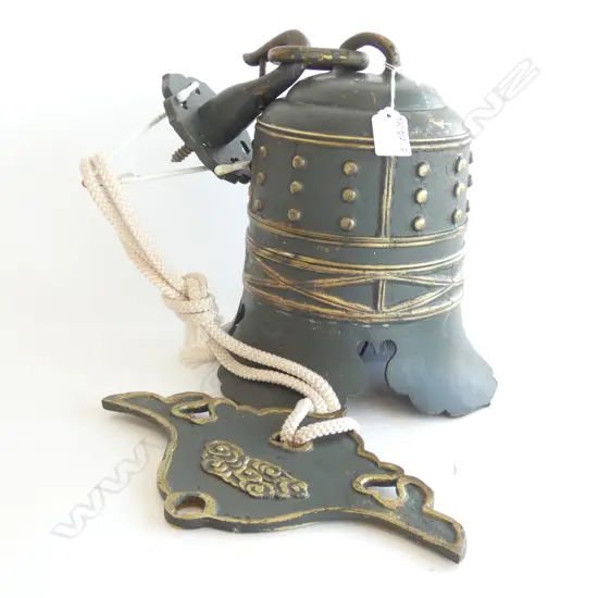 CAST BRONZE JAPANESE TEMPLE BELL CIRCA 1930. PATINATED FINISH/ WITH CLANGER   H545MM.