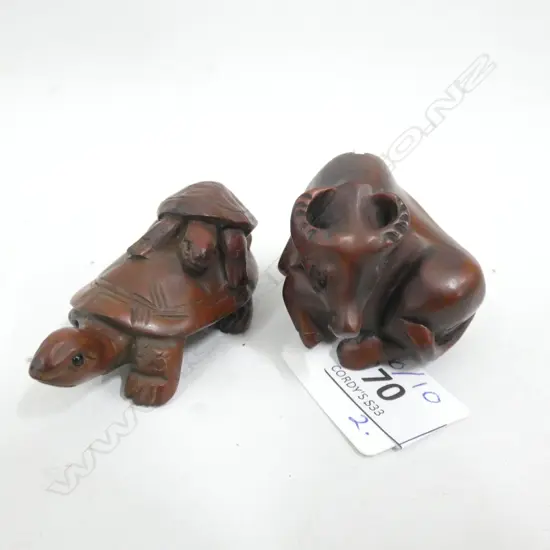 2 BOXWOOD NETSUKE; TURTLES & BULL