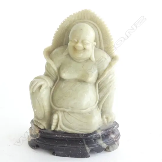 GREEN SOAPSTONE BUDDHA - MARKED TO BASE - 73/16 H. 150MM
